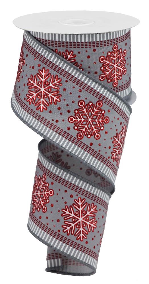 2.5x10yd Red Snowflake on Grey Wired Edge Ribbon