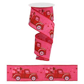 Valentine's Day Wired Ribbon, 2.5X10yd Truck With Hearts On Royal, Vintage  Truck, Pink and Red Ribbon