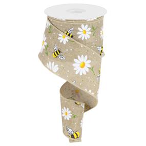 Wired Ribbon * Bumble Bees And Daisies * Beige, White, Yellow, Green,  Orange and Black * 2.5 x 10 Yards * RGC184801